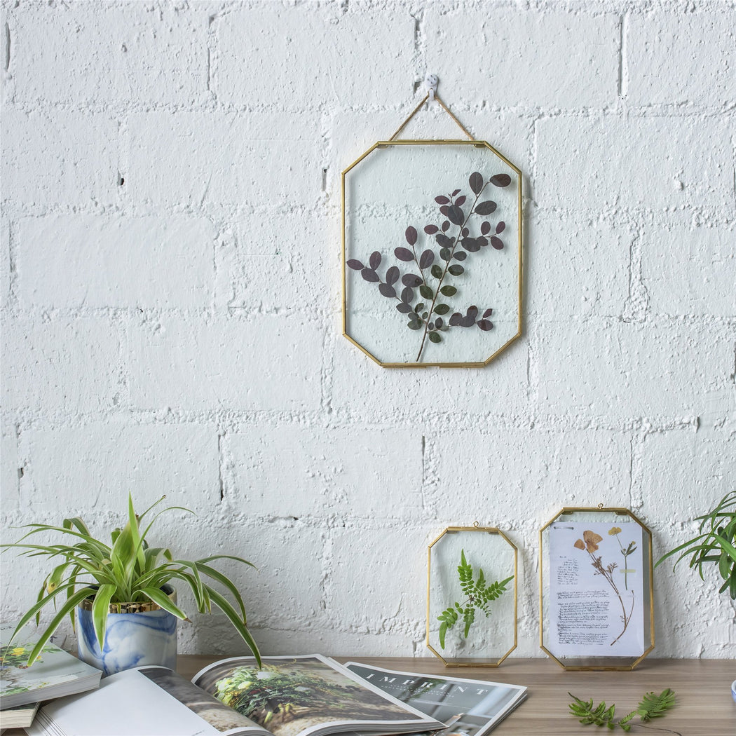 Wall Hanging Long Octagon Herbarium Brass Glass Frame for Pressed Flowers Dried floating Frame - ncypgarden.uk