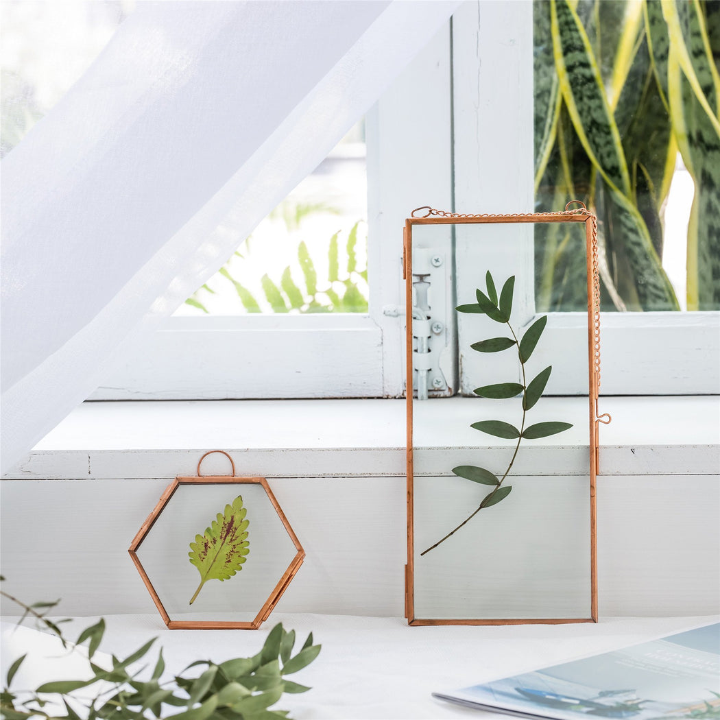 Hanging Small Pink Hexagon Herbarium Copper Glass Frame for Pressed Flowers Dried Flowers - ncypgarden.uk