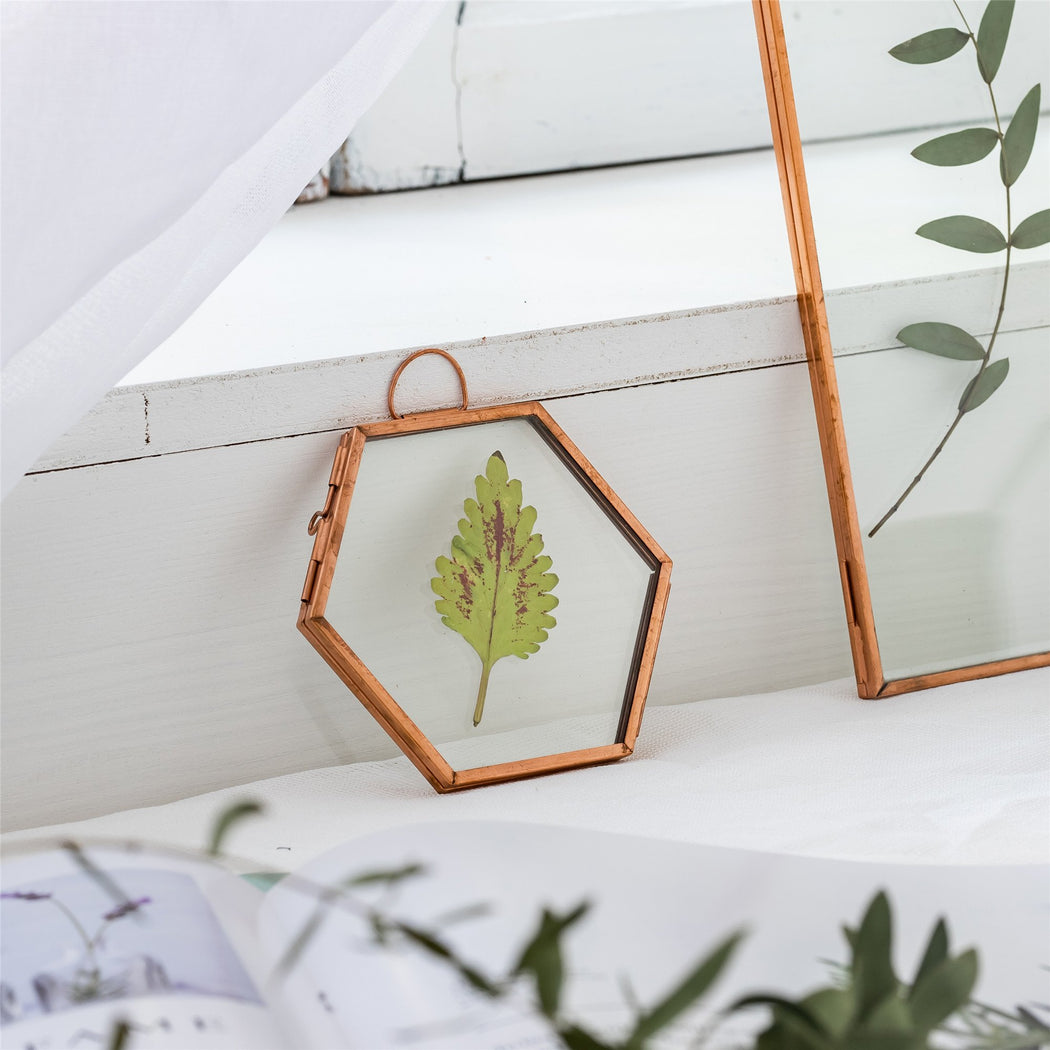 Hanging Small Pink Hexagon Herbarium Copper Glass Frame for Pressed Flowers Dried Flowers - ncypgarden.uk