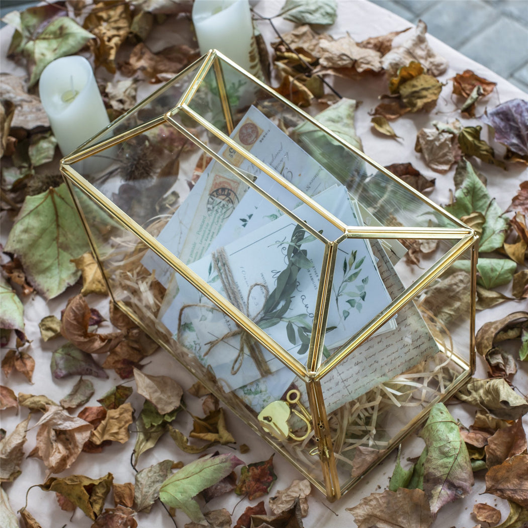 Large Geometric Glass Card Box Terrarium with Slot and Heart Lock, Foot, Gold, Handmade, Brass,for Wedding Receiption, Wishwell, Keepsake Centerpiece - ncypgarden.uk