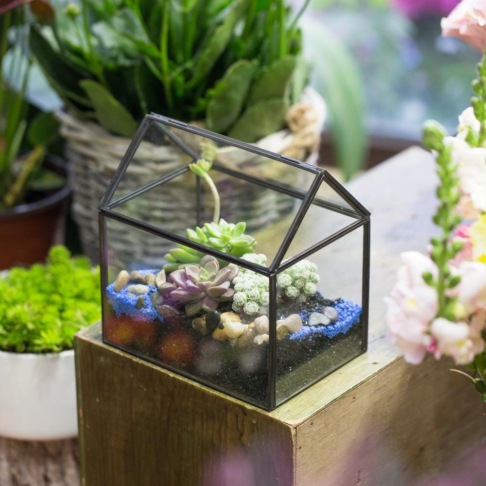 Handmade Black Copper House Shape Glass Geometric Terrarium Planter for Succulent Moss Airplants - ncypgarden.uk