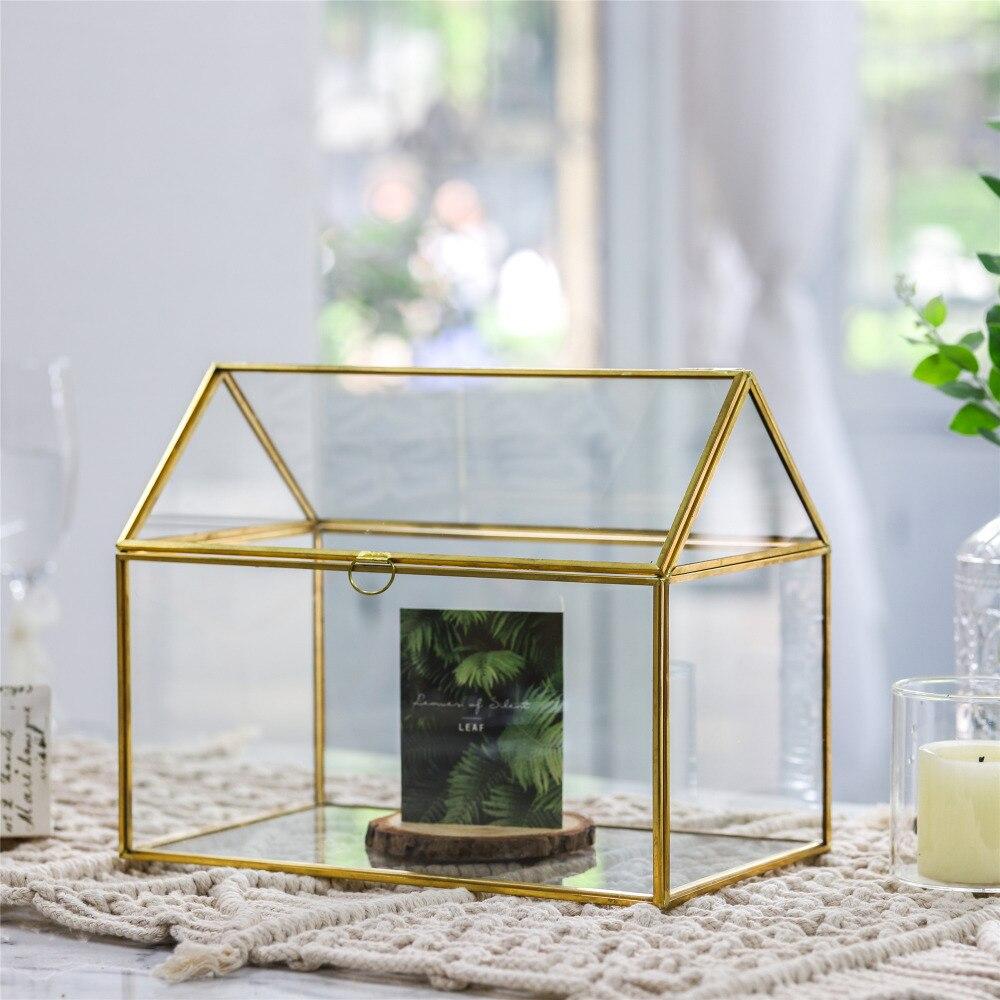 Handmade Gold House Shape Glass Geometric Terrarium Card Wishwell Reception Box for Wedding Ceromony - ncypgarden.uk