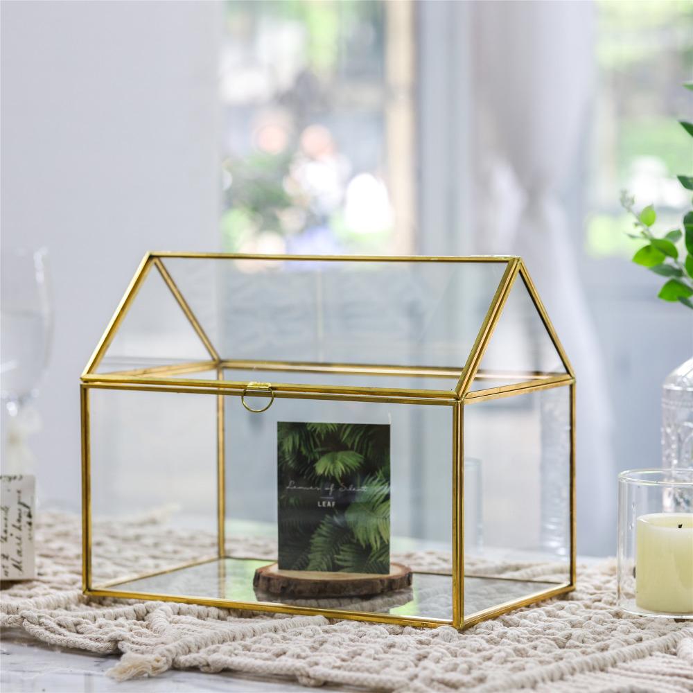 Handmade Gold House Shape Glass Geometric Terrarium Card Wishwell Reception Box for Wedding Ceromony - ncypgarden.uk