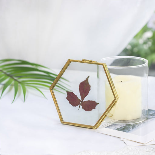 Handmade Vintage Brass Floating Hanging Glass Hexagon Picture Photo Frame Small Side Length 2" - ncypgarden.uk