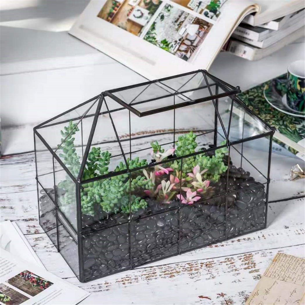 NCYP Glass Geometric Terrarium Tin-Sealed Brass Black House Shape Container with Grid and Swing Lid - ncypgarden.uk