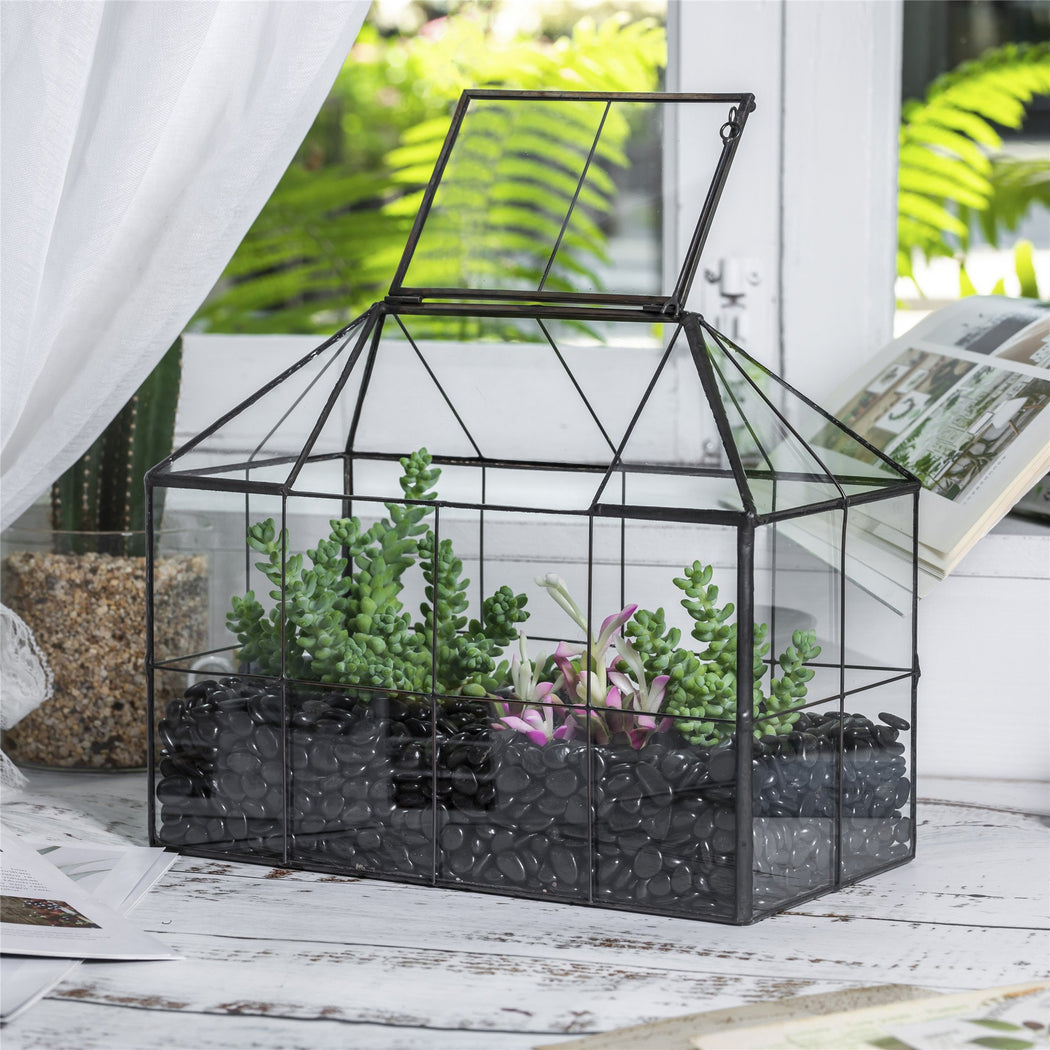 NCYP Glass Geometric Terrarium Tin-Sealed Brass Black House Shape Container with Grid and Swing Lid - ncypgarden.uk