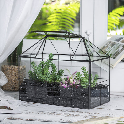 NCYP Glass Geometric Terrarium Tin-Sealed Brass Black House Shape Container with Grid and Swing Lid - ncypgarden.uk