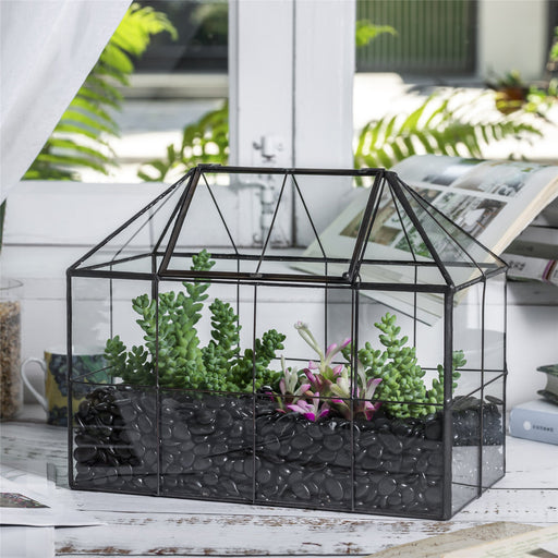 NCYP Glass Geometric Terrarium Tin-Sealed Brass Black House Shape Container with Grid and Swing Lid - ncypgarden.uk