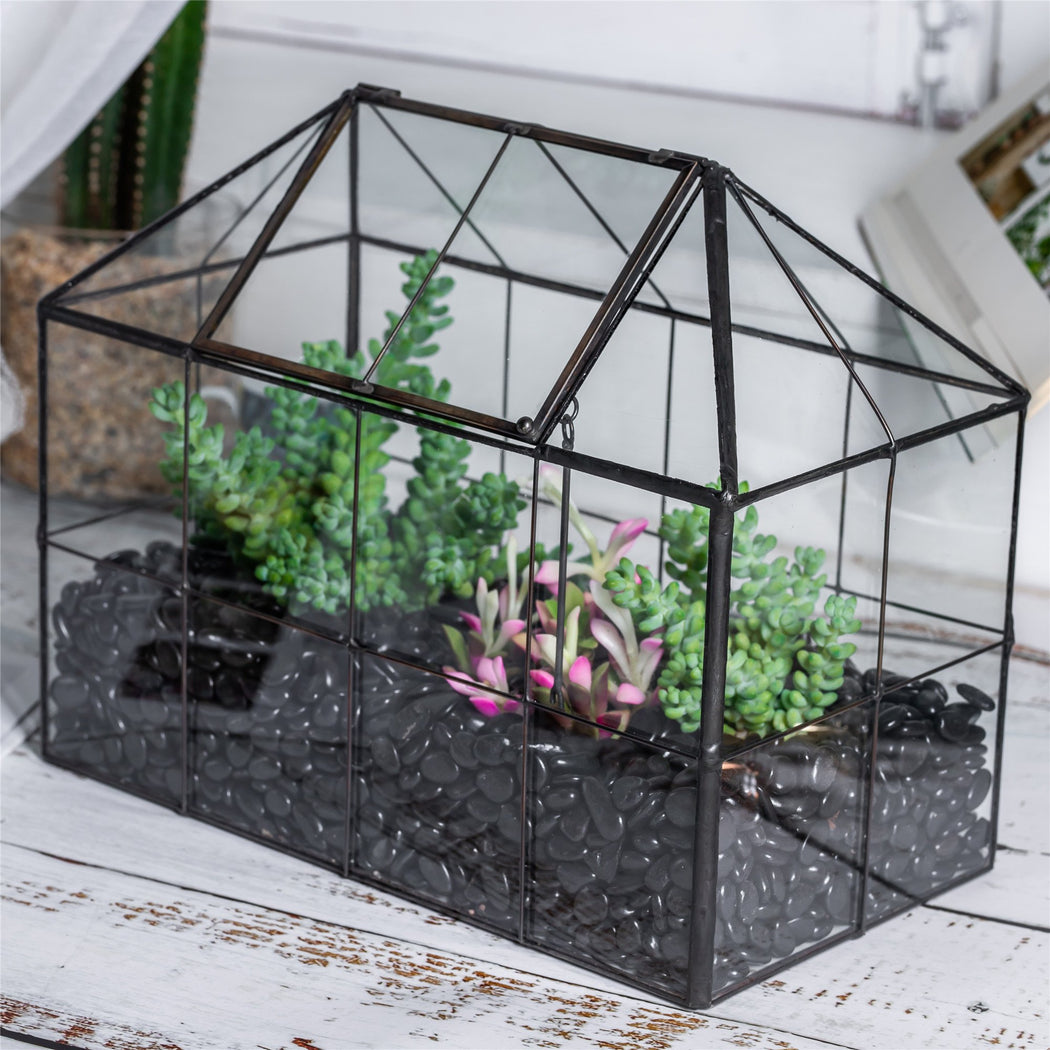 NCYP Glass Geometric Terrarium Tin-Sealed Brass Black House Shape Container with Grid and Swing Lid - ncypgarden.uk