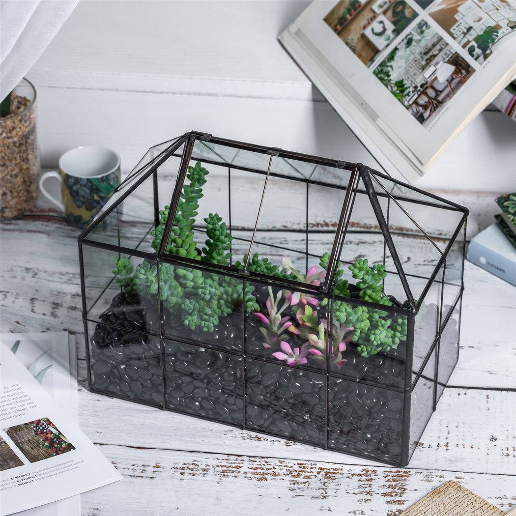 NCYP Glass Geometric Terrarium Tin-Sealed Brass Black House Shape Container with Grid and Swing Lid - ncypgarden.uk