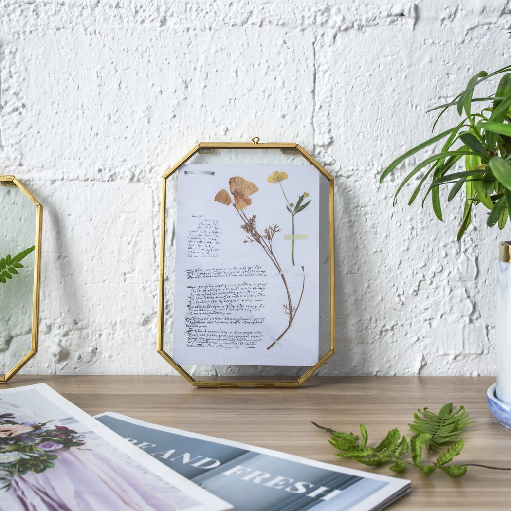 Wall Hanging Long Octagon Herbarium Brass Glass Frame for Pressed Flowers Dried floating Frame - ncypgarden.uk