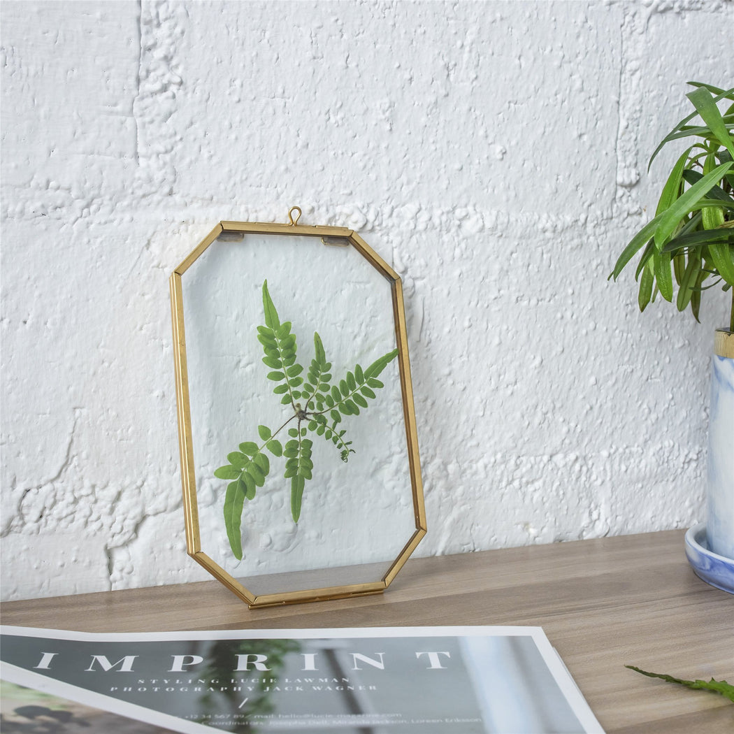 Wall Hanging Long Octagon Herbarium Brass Glass Frame for Pressed Flowers Dried floating Frame - ncypgarden.uk