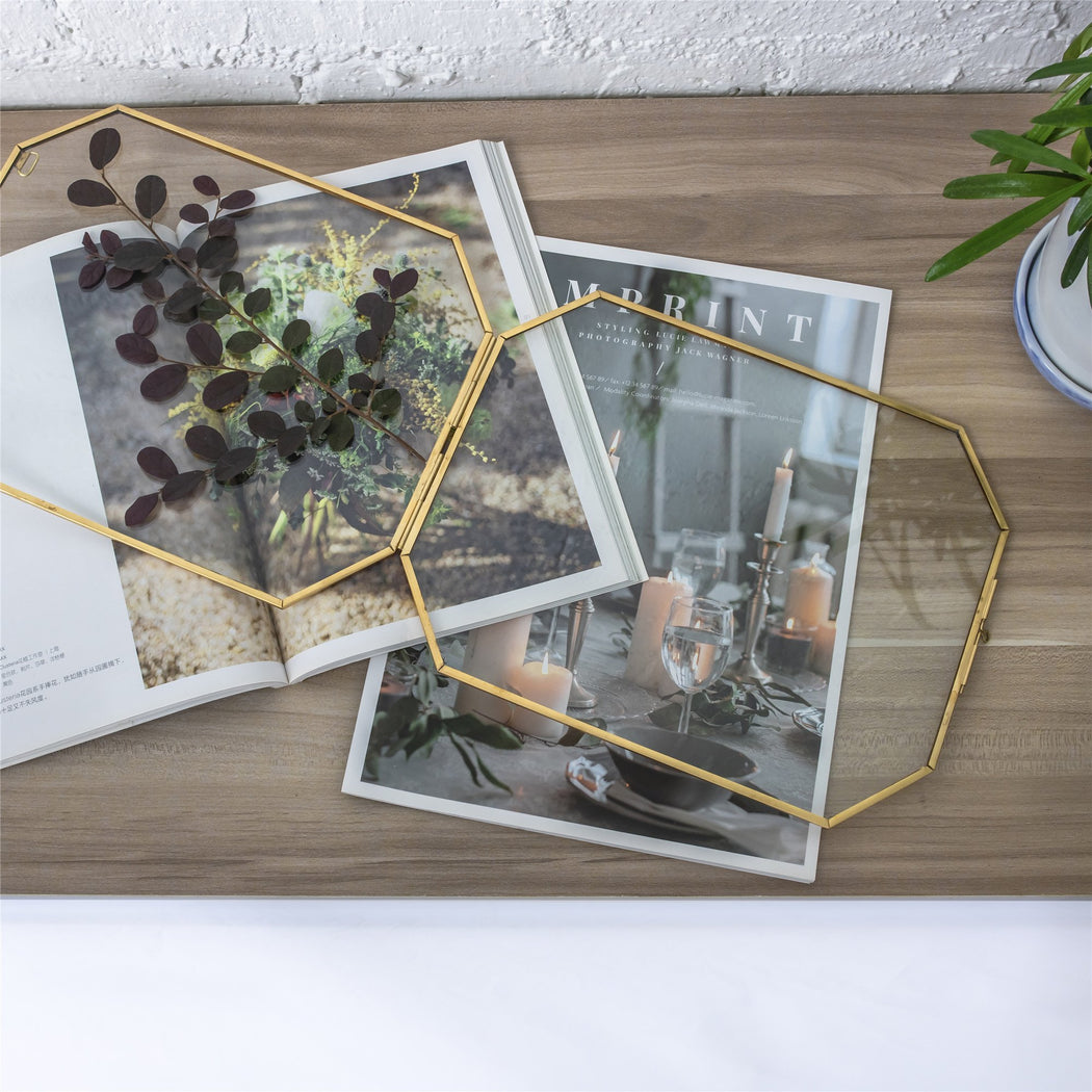 Wall Hanging Long Octagon Herbarium Brass Glass Frame for Pressed Flowers Dried floating Frame - ncypgarden.uk