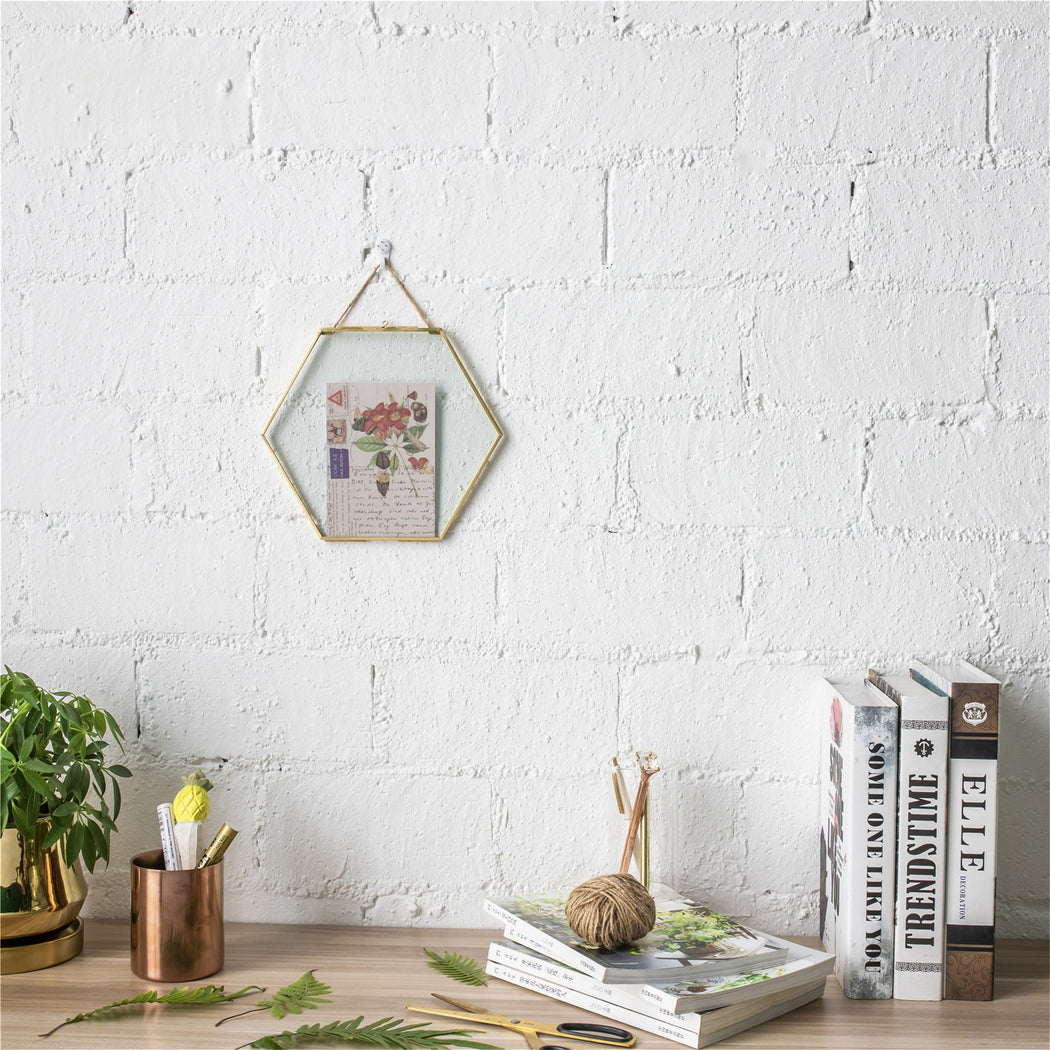 Hanging Hexagon Herbarium Brass Glass Frame for Pressed Flowers Dried Flowers Floating Frame - ncypgarden.uk