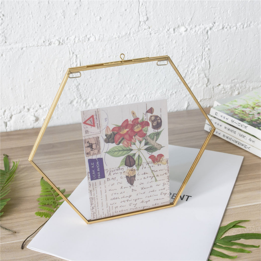 Hanging Hexagon Herbarium Brass Glass Frame for Pressed Flowers Dried Flowers Floating Frame - ncypgarden.uk