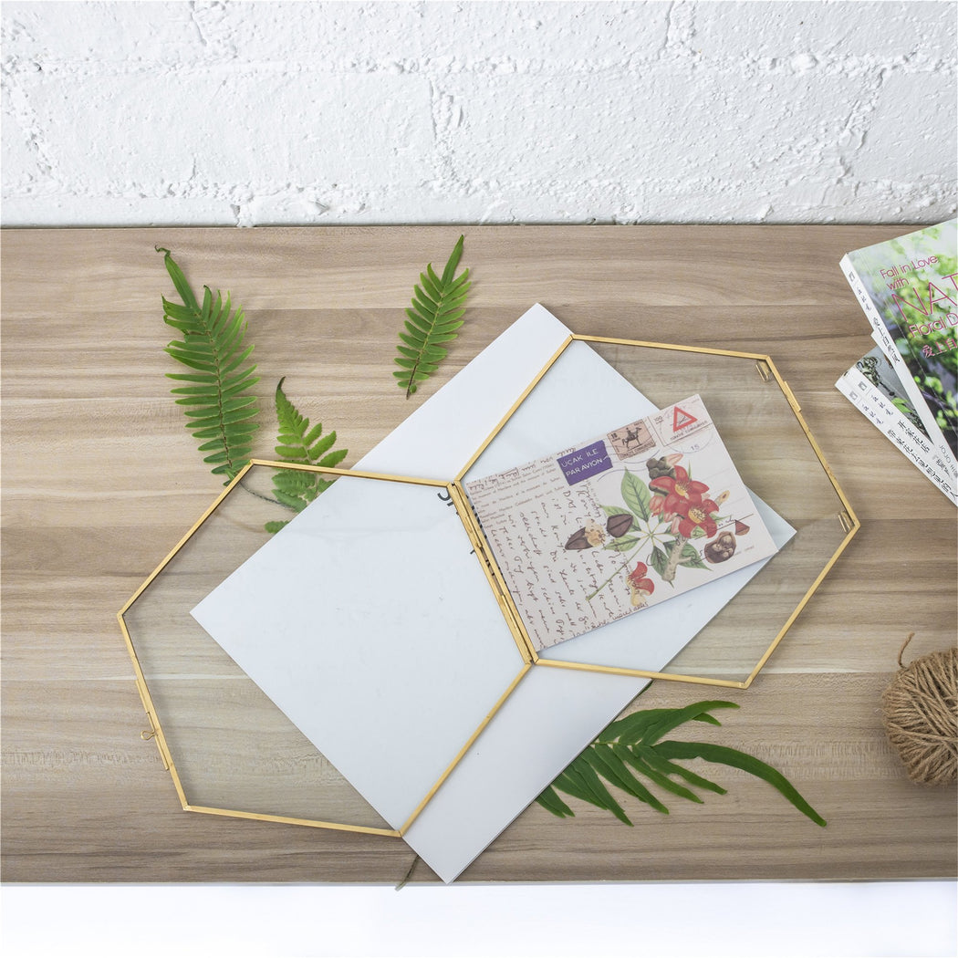 Hanging Hexagon Herbarium Brass Glass Frame for Pressed Flowers Dried Flowers Floating Frame - ncypgarden.uk