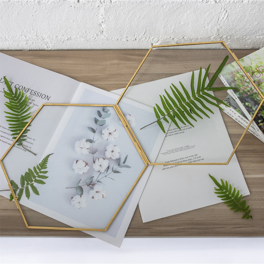 Hanging Hexagon Herbarium Brass Glass Frame for Pressed Flowers Dried Flowers Floating Frame - ncypgarden.uk