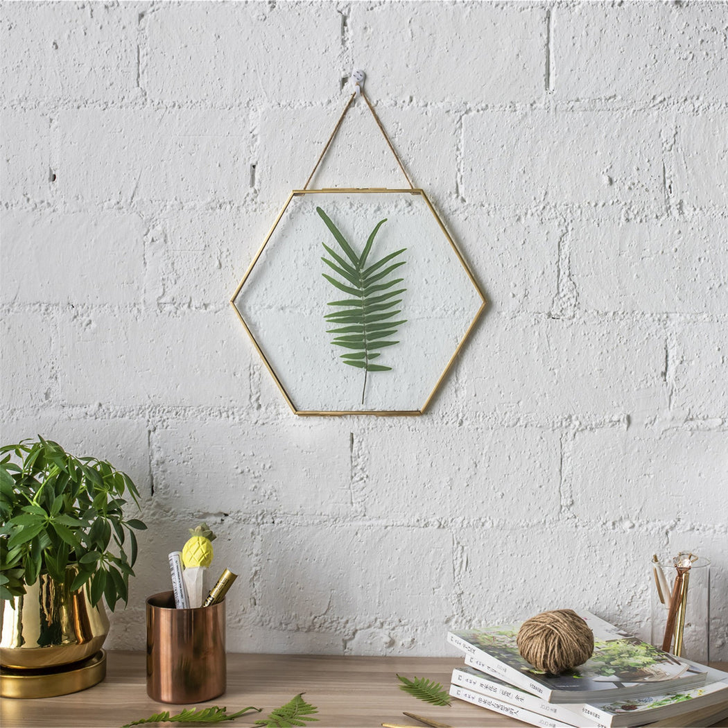 Hanging Hexagon Herbarium Brass Glass Frame for Pressed Flowers Dried Flowers Floating Frame - ncypgarden.uk