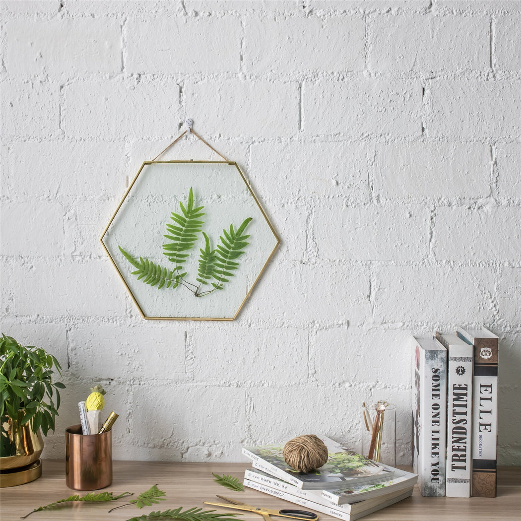 Hanging Hexagon Herbarium Brass Glass Frame for Pressed Flowers Dried Flowers Floating Frame - ncypgarden.uk