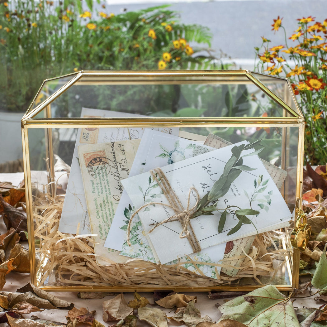 Large Geometric Glass Card Box Terrarium with Slot and Heart Lock, Foot, Gold, Handmade, Brass,for Wedding Receiption, Wishwell, Keepsake Centerpiece - ncypgarden.uk