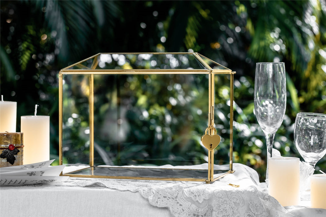 Large Geometric Glass Card Box Terrarium with Slot and Heart Lock, Foot, Gold, Handmade, Brass,for Wedding Receiption, Wishwell, Keepsake Centerpiece