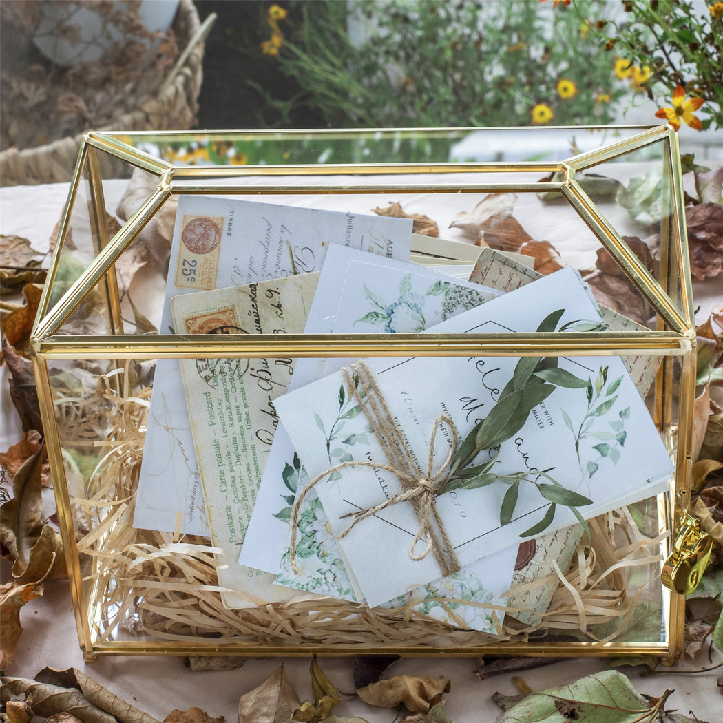 Large Geometric Glass Card Box Terrarium with Slot and Heart Lock, Foot, Gold, Handmade, Brass,for Wedding Receiption, Wishwell, Keepsake Centerpiece - ncypgarden.uk