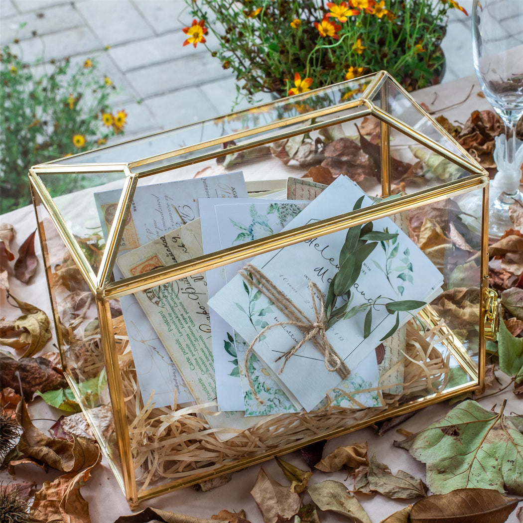 Large Geometric Glass Card Box Terrarium with Slot and Heart Lock, Foot, Gold, Handmade, Brass,for Wedding Receiption, Wishwell, Keepsake Centerpiece - ncypgarden.uk