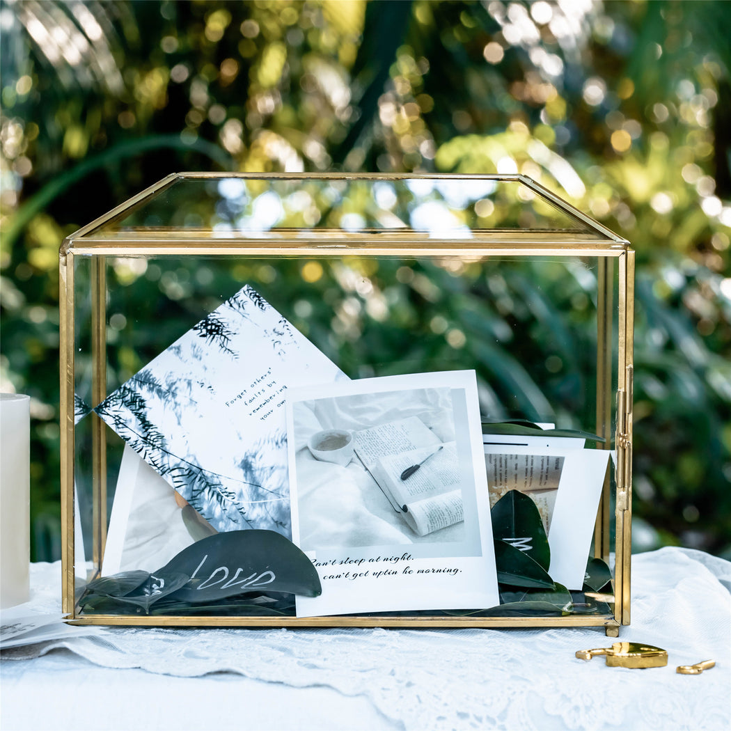 Large Geometric Glass Card Box Terrarium with Slot and Heart Lock, Foot, Gold, Handmade, Brass,for Wedding Receiption, Wishwell, Keepsake Centerpiece