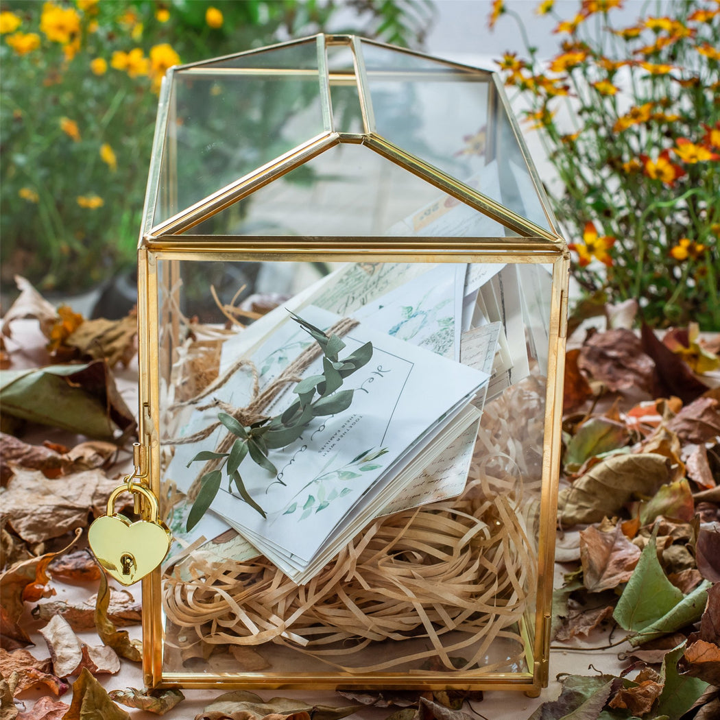 Large Geometric Glass Card Box Terrarium with Slot and Heart Lock, Foot, Gold, Handmade, Brass,for Wedding Receiption, Wishwell, Keepsake Centerpiece - ncypgarden.uk