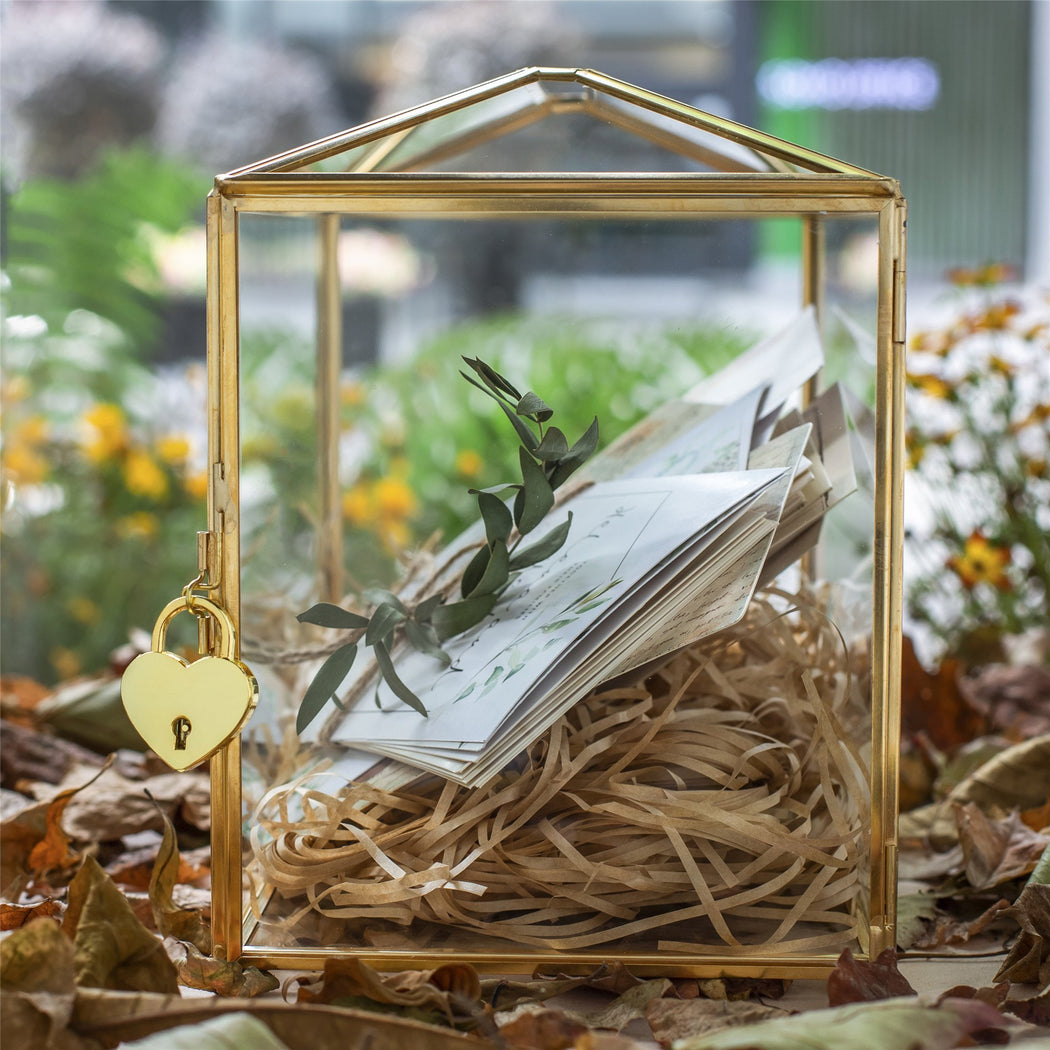 Large Geometric Glass Card Box Terrarium with Slot and Heart Lock, Foot, Gold, Handmade, Brass,for Wedding Receiption, Wishwell, Keepsake Centerpiece - ncypgarden.uk