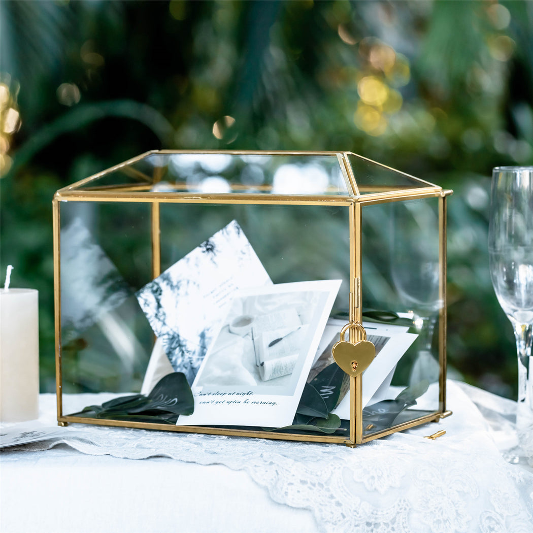 Large Geometric Glass Card Box Terrarium with Slot and Heart Lock, Foot, Gold, Handmade, Brass,for Wedding Receiption, Wishwell, Keepsake Centerpiece