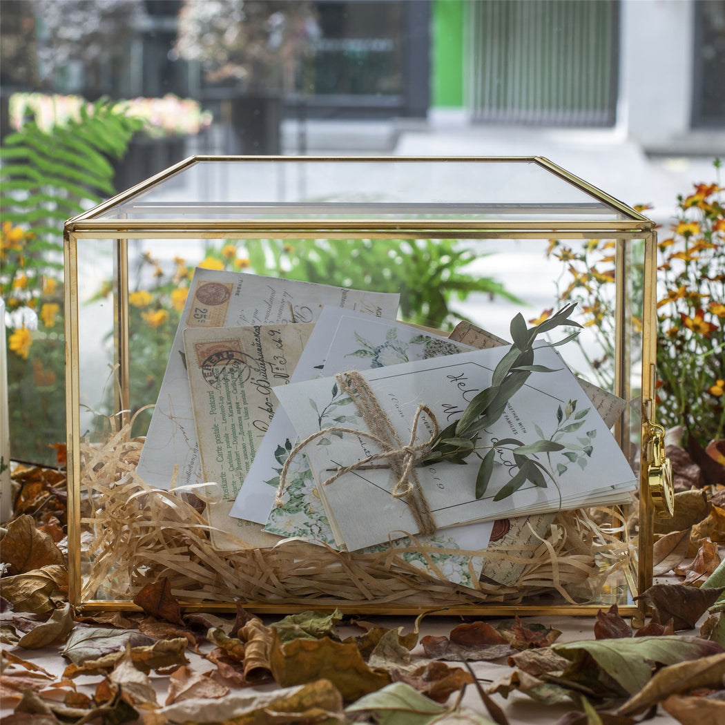 Large Geometric Glass Card Box Terrarium with Slot and Heart Lock, Foot, Gold, Handmade, Brass,for Wedding Receiption, Wishwell, Keepsake Centerpiece - ncypgarden.uk