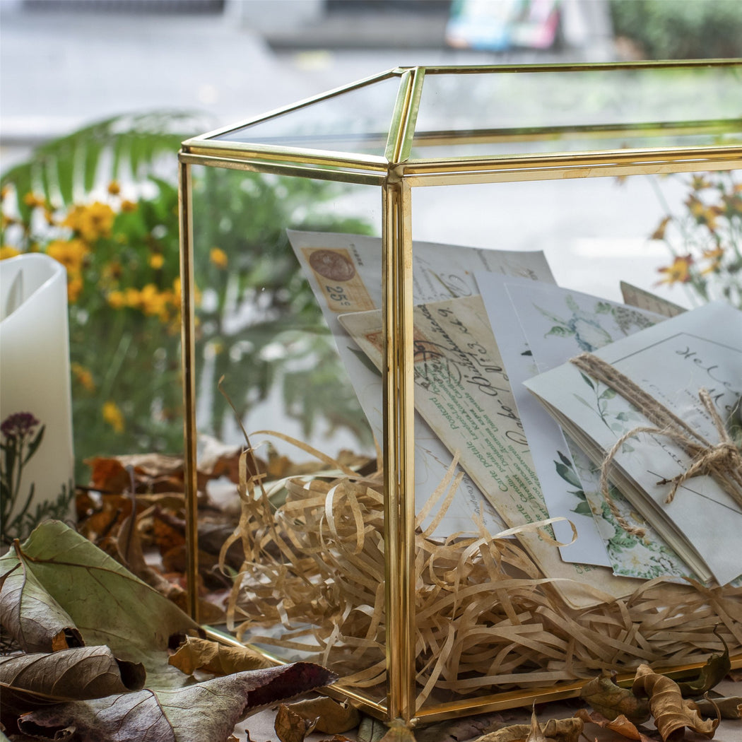 Large Geometric Glass Card Box Terrarium with Slot and Heart Lock, Foot, Gold, Handmade, Brass,for Wedding Receiption, Wishwell, Keepsake Centerpiece - ncypgarden.uk