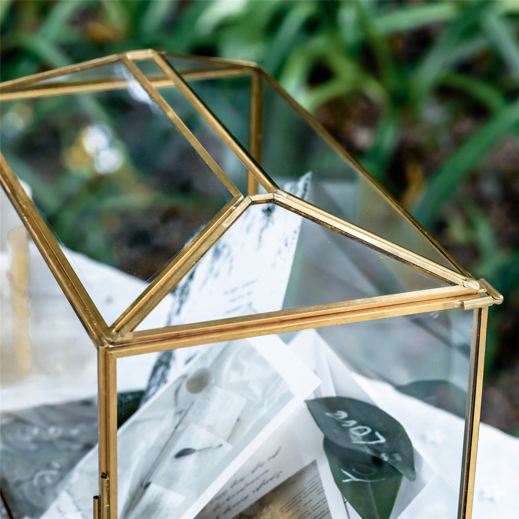 Large Geometric Glass Card Box Terrarium with Slot and Heart Lock, Foot, Gold, Handmade, Brass,for Wedding Receiption, Wishwell, Keepsake Centerpiece