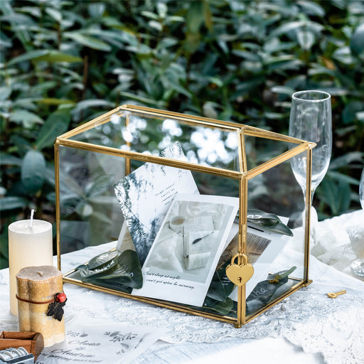 Large Geometric Glass Card Box Terrarium with Slot and Heart Lock, Foot, Gold, Handmade, Brass,for Wedding Receiption, Wishwell, Keepsake Centerpiece