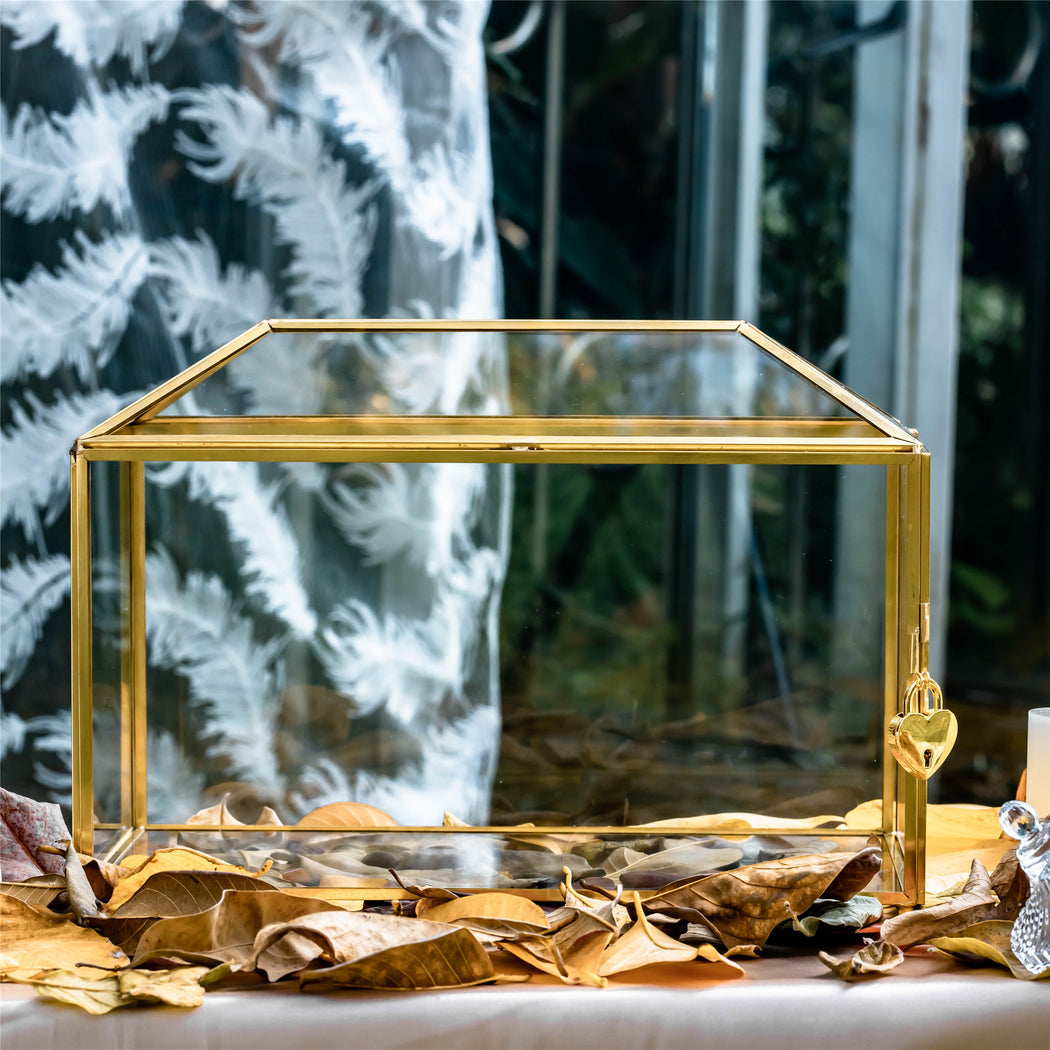 Large Geometric Glass Card Box Terrarium with Slot and Heart Lock, Foot, Gold, Handmade, Brass,for Wedding Receiption, Wishwell, Keepsake Centerpiece