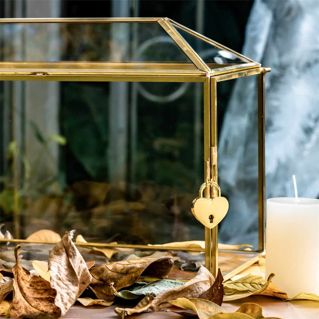 Large Geometric Glass Card Box Terrarium with Slot and Heart Lock, Foot, Gold, Handmade, Brass,for Wedding Receiption, Wishwell, Keepsake Centerpiece