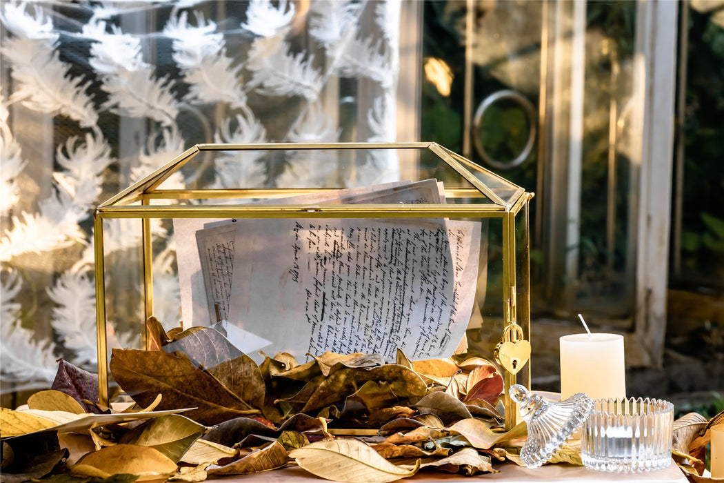 Large Geometric Glass Card Box Terrarium with Slot and Heart Lock, Foot, Gold, Handmade, Brass,for Wedding Receiption, Wishwell, Keepsake Centerpiece