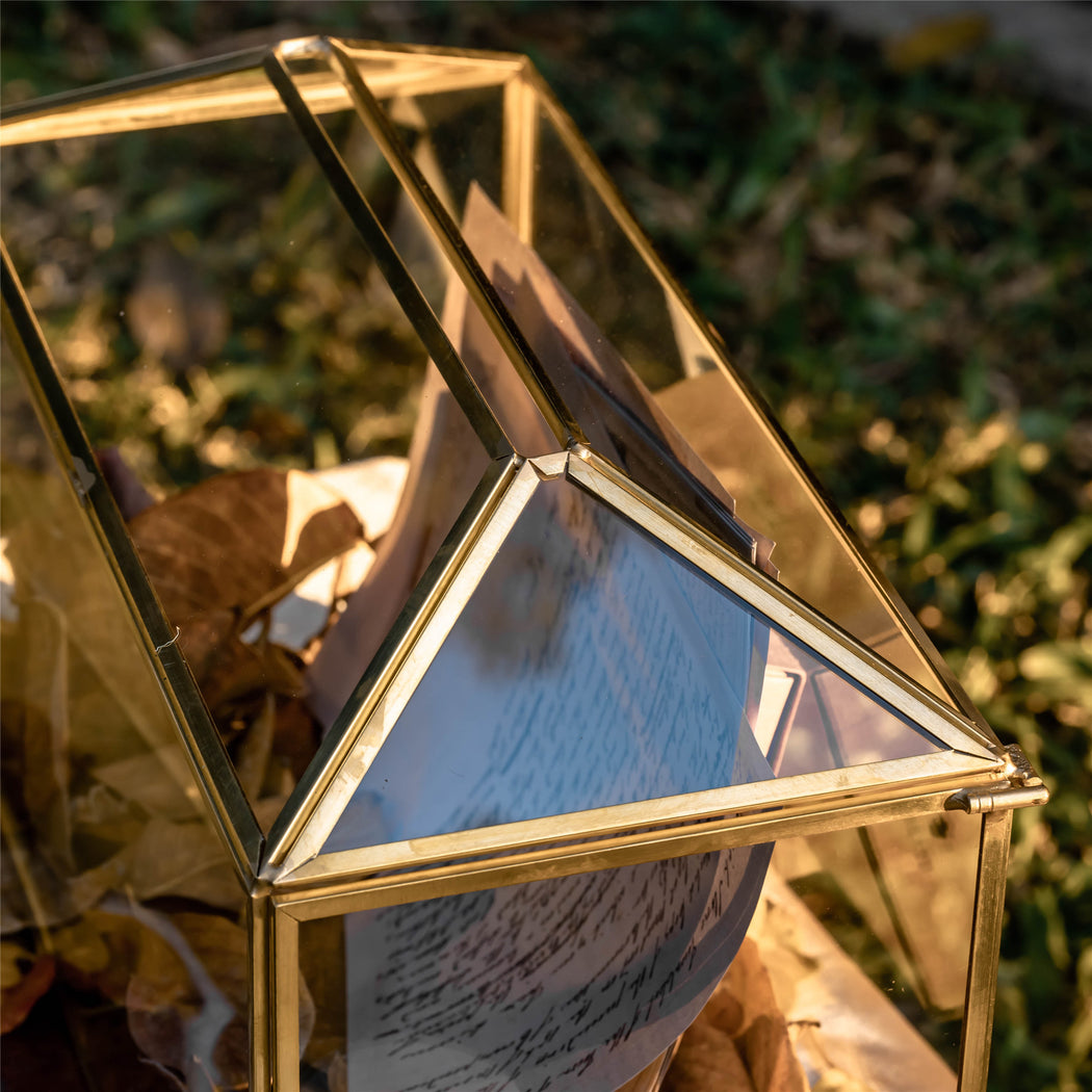 Large Geometric Glass Card Box Terrarium with Slot and Heart Lock, Foot, Gold, Handmade, Brass,for Wedding Receiption, Wishwell, Keepsake Centerpiece