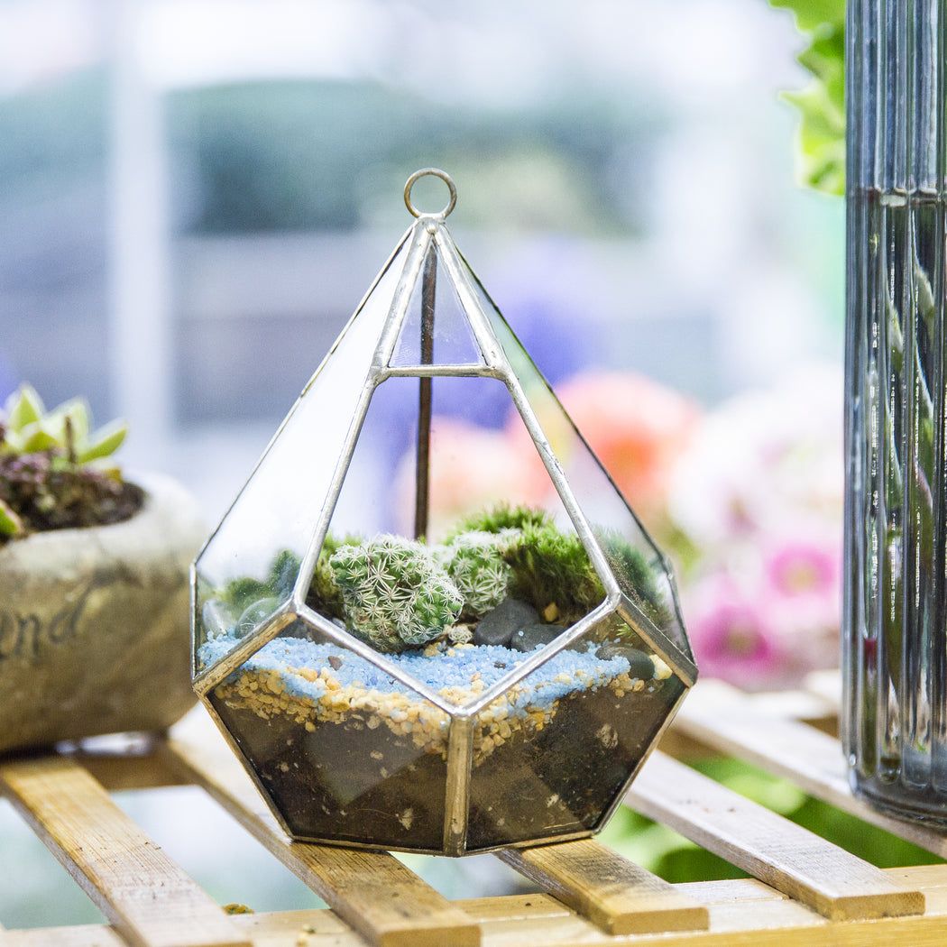 Handmade Sliver Artistic Hanging Glass Teardrop Diamond Geometric Terrarium with Loop for Succulent Moss - ncypgarden.uk