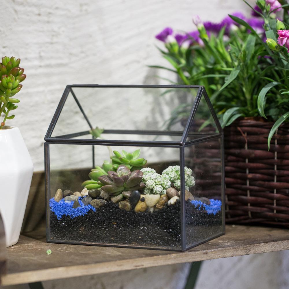 Handmade Black Copper House Shape Glass Geometric Terrarium Planter for Succulent Moss Airplants - ncypgarden.uk