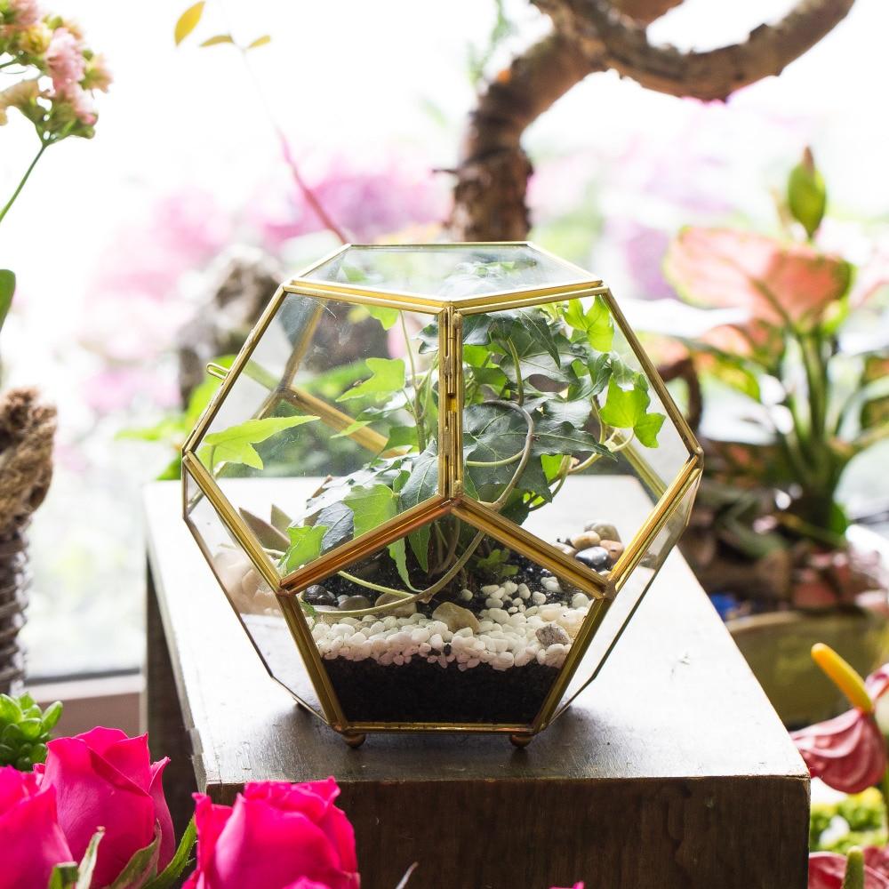 Handmade Copper Pentagon Glass Geometric Terrarium with Feet and Door for Succulent Moss Air Plant - ncypgarden.uk