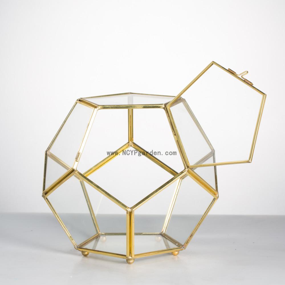 Handmade Copper Pentagon Glass Geometric Terrarium with Feet and Door for Succulent Moss Air Plant - ncypgarden.uk