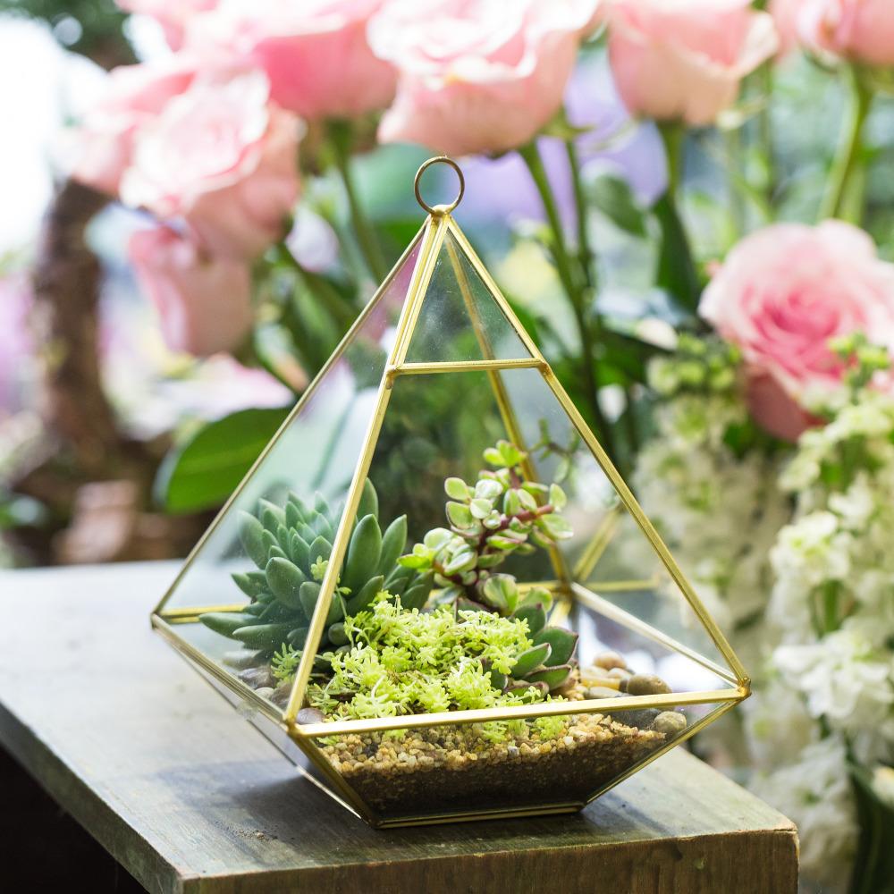 Handmade Gold Hanging Glass Geometric Terrarium Planter for Succulent Wedding Decoration - ncypgarden.uk