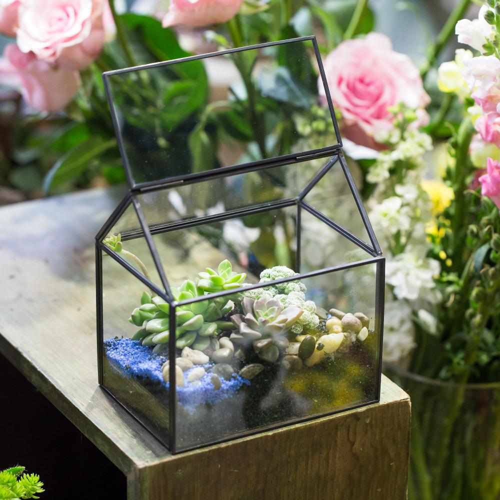 Handmade Black Gold Glass Box Geometric Terrarium with Lid for Planter Container Storage Case Gift - ncypgarden.uk