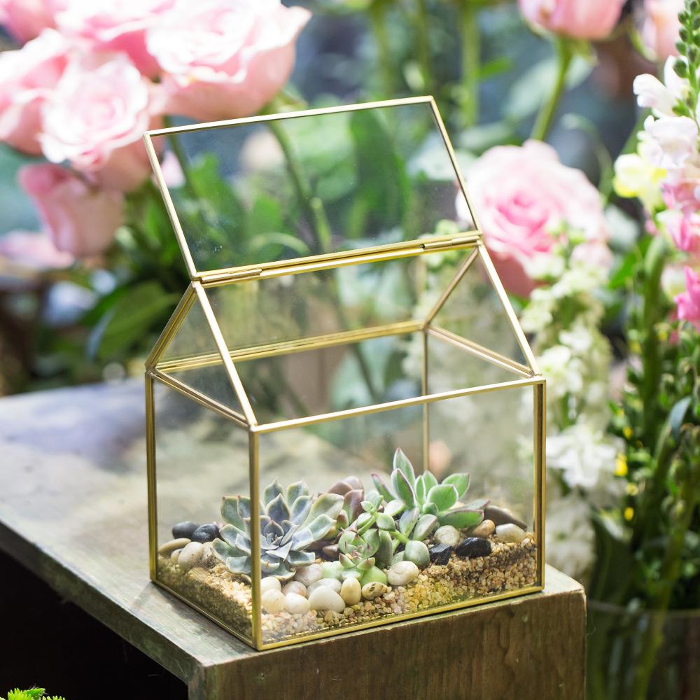 Handmade Black Gold Glass Box Geometric Terrarium with Lid for Planter Container Storage Case Gift - ncypgarden.uk