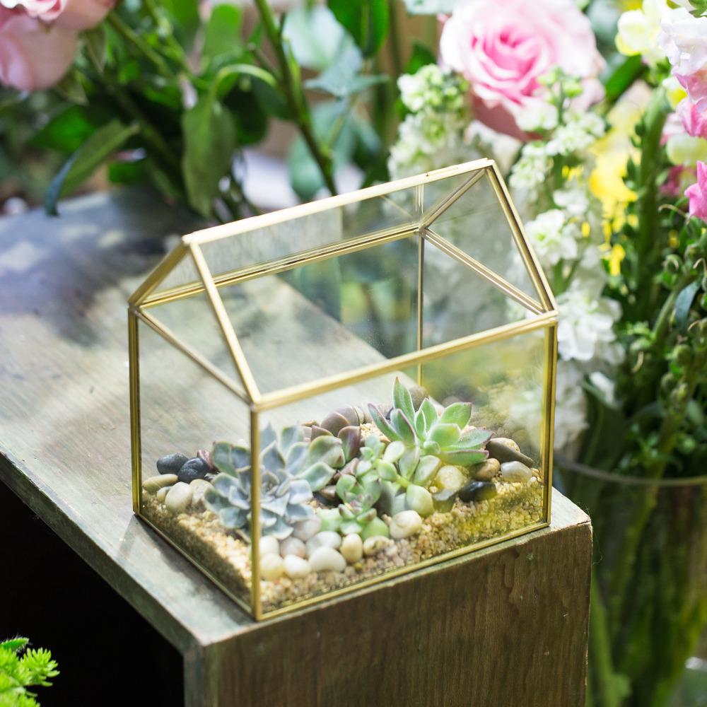 Handmade Black Gold Glass Box Geometric Terrarium with Lid for Planter Container Storage Case Gift - ncypgarden.uk