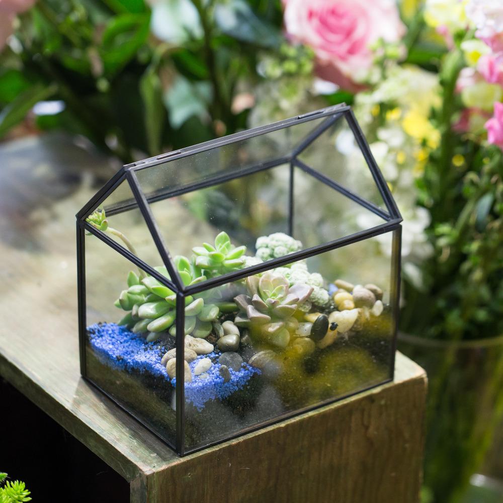 Handmade Black Copper House Shape Glass Geometric Terrarium Planter for Succulent Moss Airplants - ncypgarden.uk