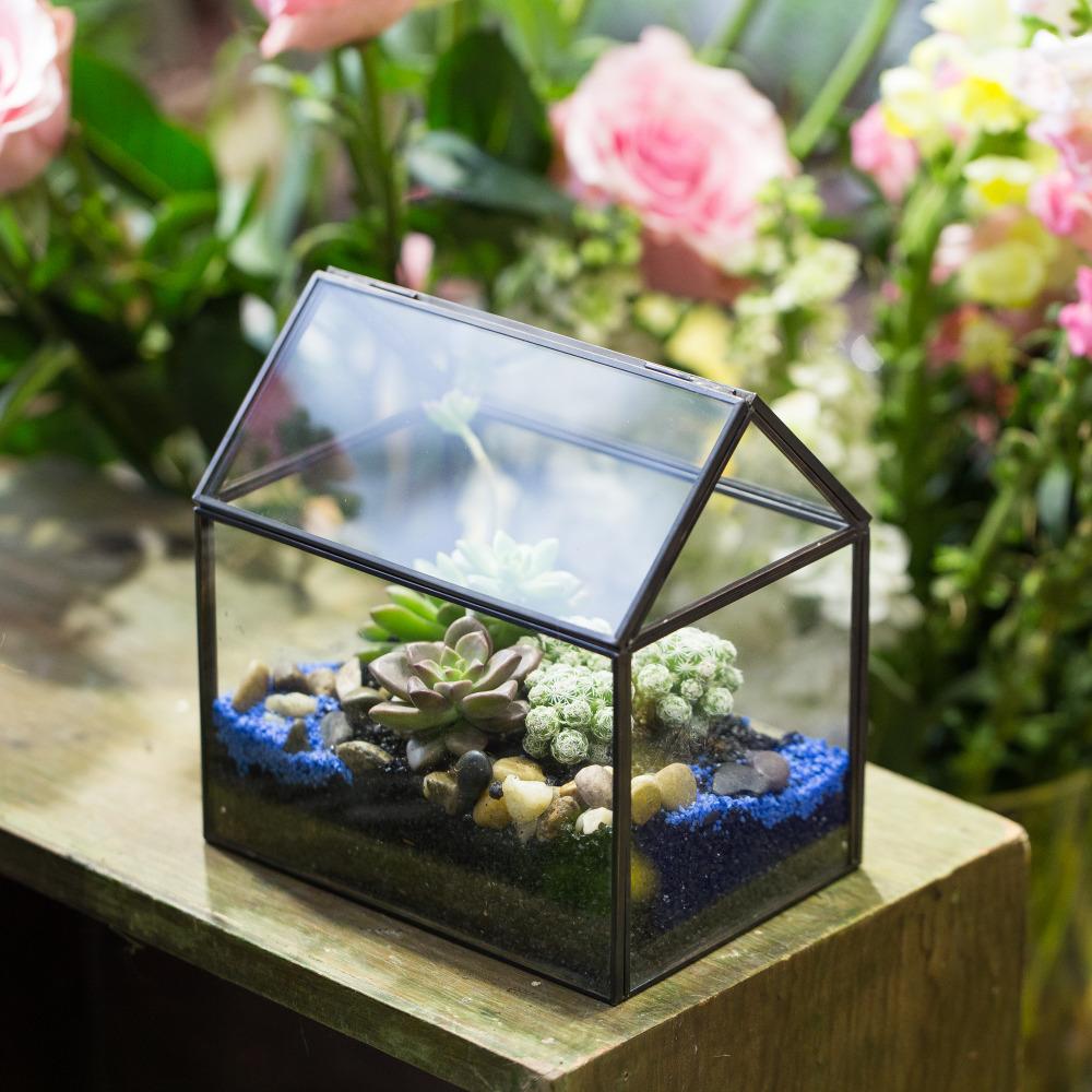 Handmade Black Gold Glass Box Geometric Terrarium with Lid for Planter Container Storage Case Gift - ncypgarden.uk