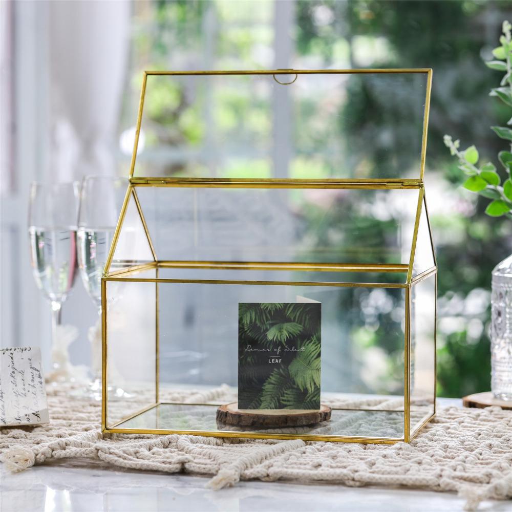 Handmade Gold House Shape Glass Geometric Terrarium  Card Wishwell Reception Box for Wedding Ceromony - ncypgarden.uk